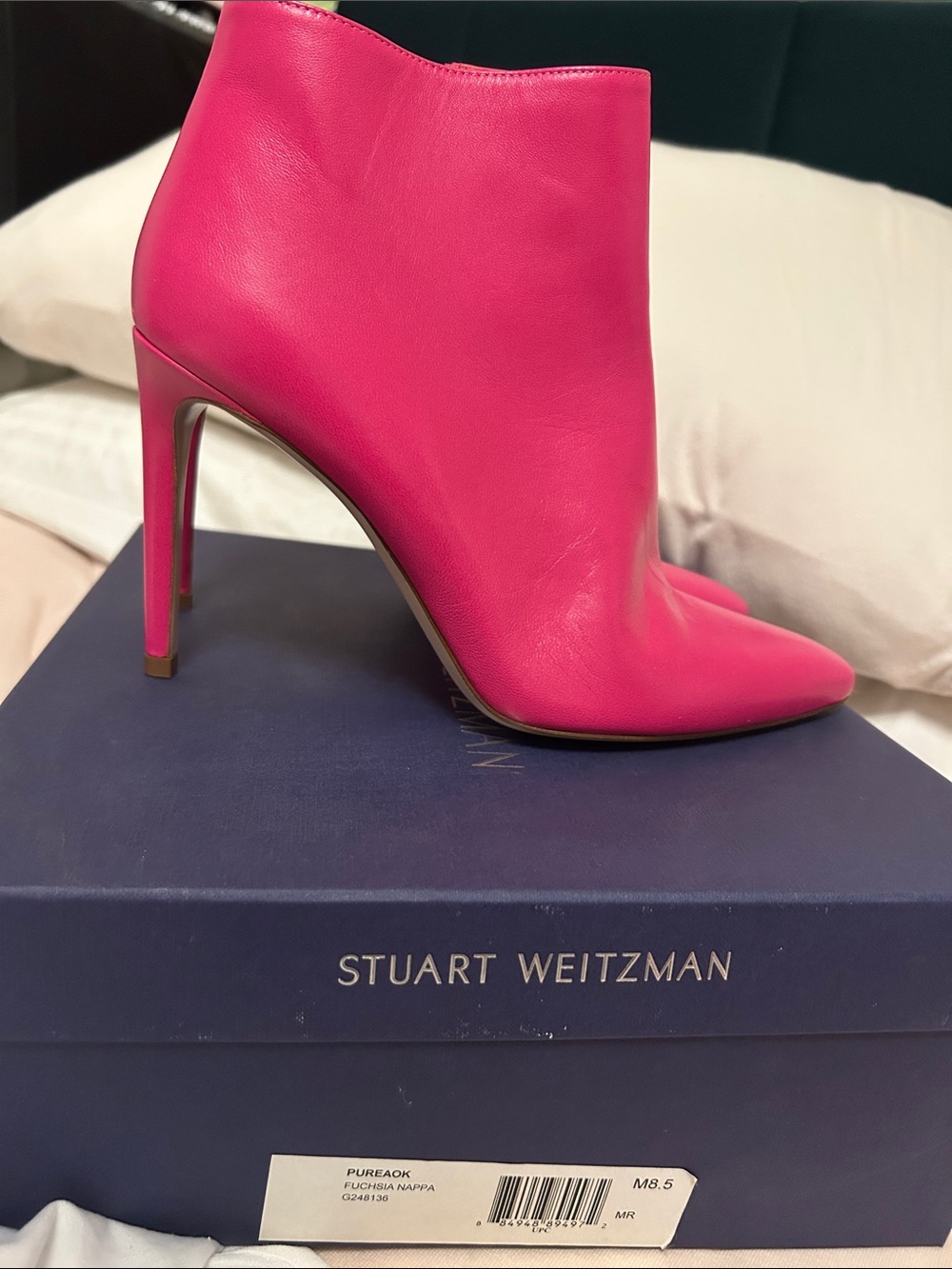 Stuart Weitzman Fuchsia Leather Pointed-Toe Stiletto Ankle Boot